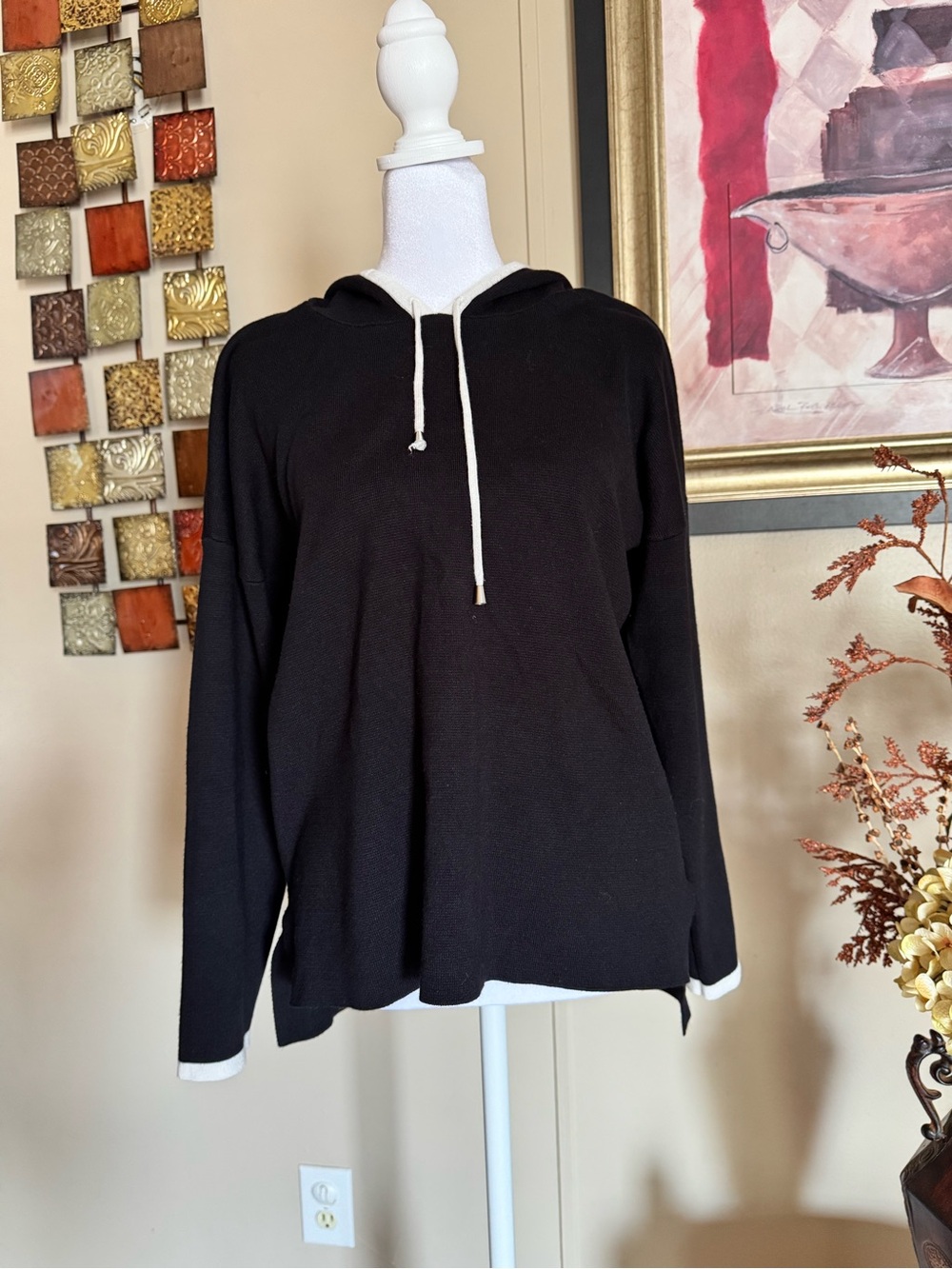 Cyrus Black Crewneck Hoodie Sweater with White Drawstring